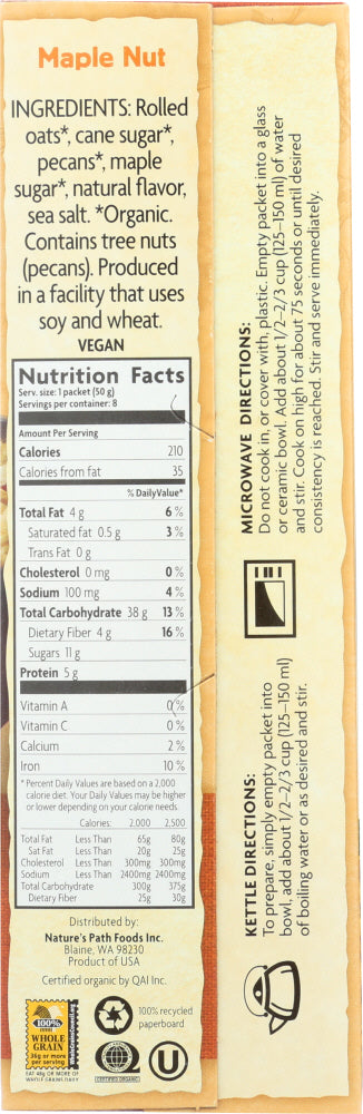 Nature's Path:  Organic Instant Hot Oatmeal Maple Nut 8 Packets, 14 Oz