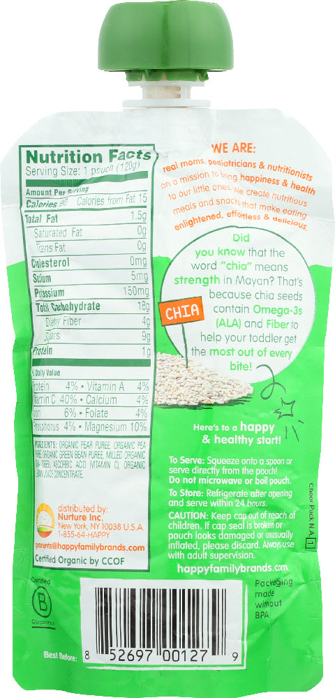 Happy Tot Organic Superfoods: Green Bean Pear And Pea, 4.22 Oz