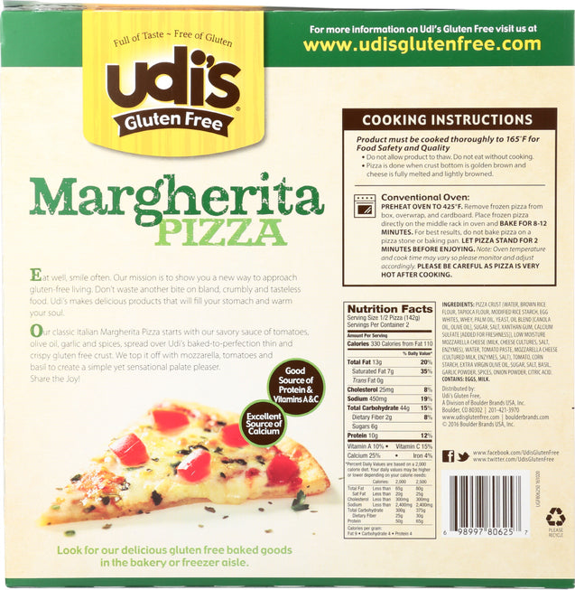 Udi's Gluten Free: Margherita Pizza, Source Of Protein & Vitamins A & C, 10 Oz