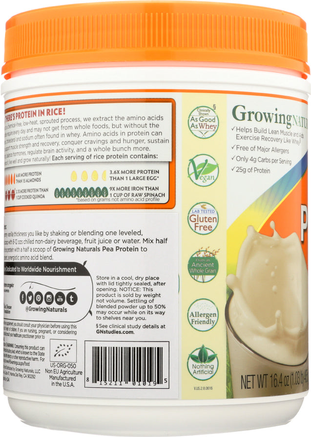 Growing Naturals: Organic Rice Protein Vanilla Blast, 16.4 Oz