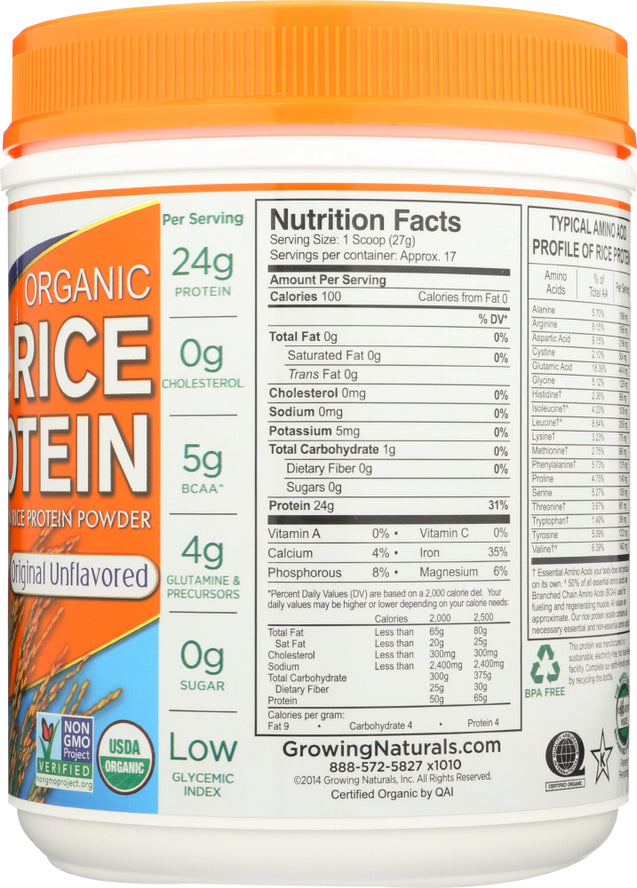 Growing Naturals: Organic Raw Rice Protein Original, 16.2 Oz