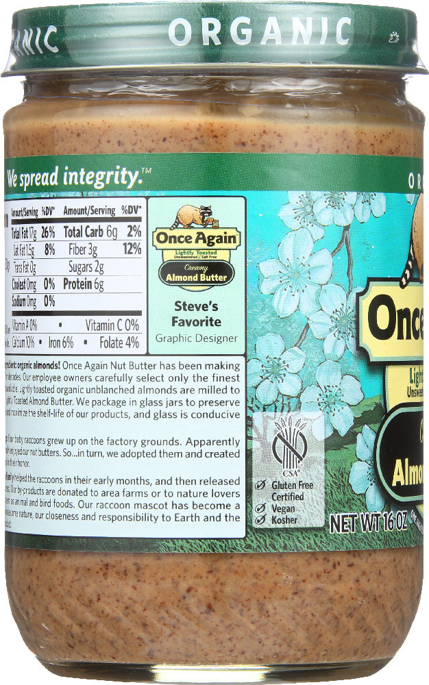 Once Again: Organic Almond Butter Lightly Toasted Creamy, 16 Oz