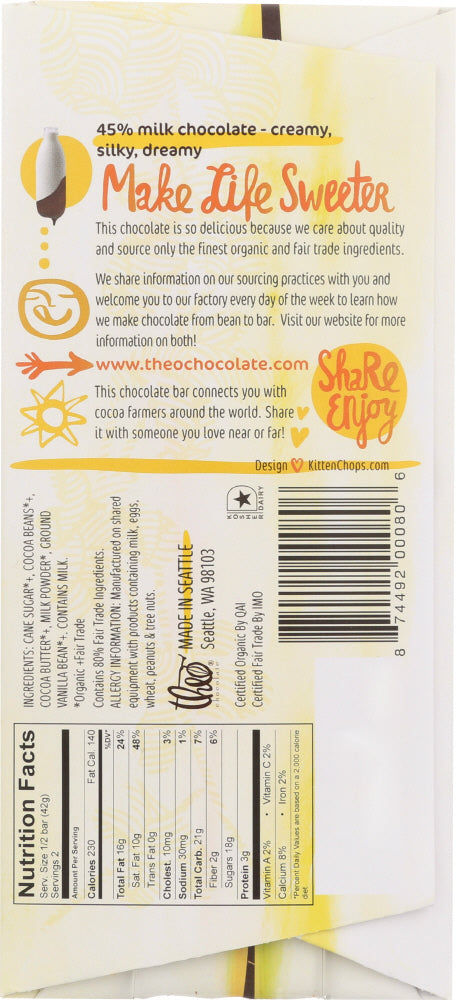 Theo Chocolate: Organic Milk Chocolate 45% Cacao, 3 Oz