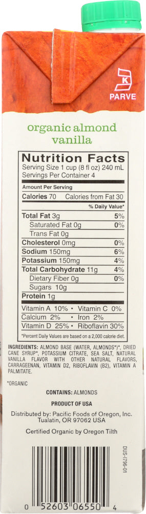 Pacific Foods: Organic Non-dairy Almond Beverage Vanilla, 32 Oz