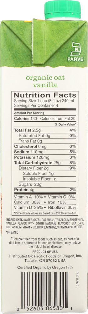 Pacific Foods: Organic Oat Non-dairy Vanilla Beverage, 32 Oz