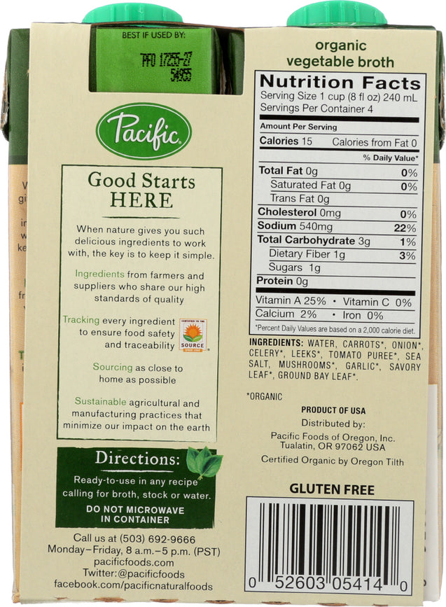 Pacific Foods: Organic Vegetable Broth 4 Pack (8 Oz Each), 32 Oz