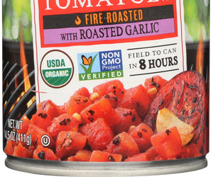Muir Glen: Organic Fire Roasted Diced Tomatoes With Garlic, 14.5 Oz
