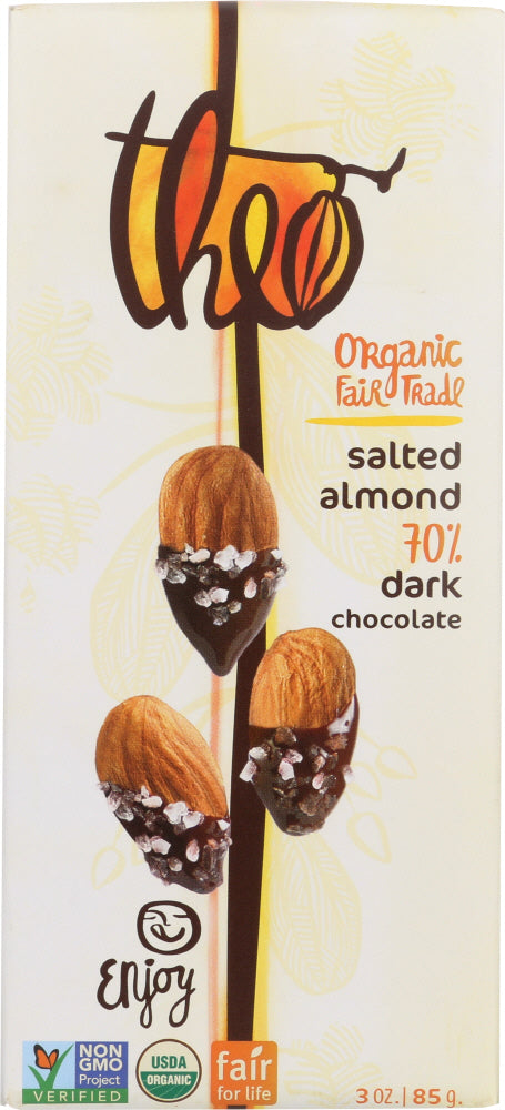 Theo Chocolate Organic Dark Chocolate Bar Salted Almond, 3 Oz