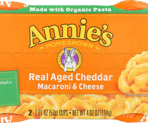 Annie's Homegrown: Real Aged Cheddar Microwavable Macaroni & Cheese Cup 2 Pack, 4.02 Oz - RubertOrganics