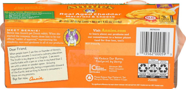 Annie's Homegrown: Real Aged Cheddar Microwavable Macaroni & Cheese Cup 2 Pack, 4.02 Oz - RubertOrganics