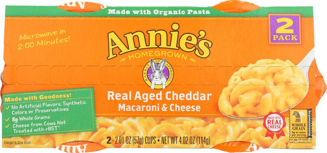 Annie's Homegrown: Real Aged Cheddar Microwavable Macaroni & Cheese Cup 2 Pack, 4.02 Oz - RubertOrganics