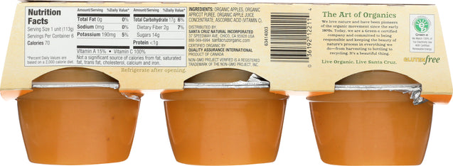 Santa Cruz: Organic Apple Apricot Sauce Cups 6x4oz Cups, 24 Oz