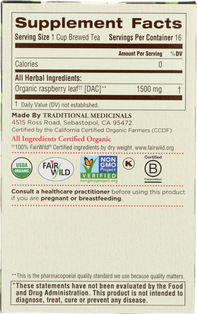 Traditional Medicinals: Organic Raspberry Leaf Caffeine Free Herbal Tea 16 Tea Bags, 0.85 Oz