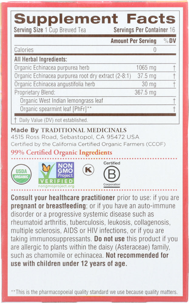 Traditional Medicinals: Organic Echinacea Plus Herbal Tea 16 Tea Bags, 0.85 Oz