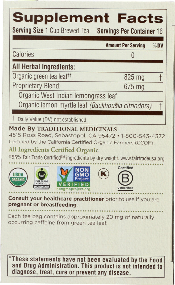 Traditional Medicinals: Organic Green Tea Lemongrass 16 Tea Bags, 0.85 Oz