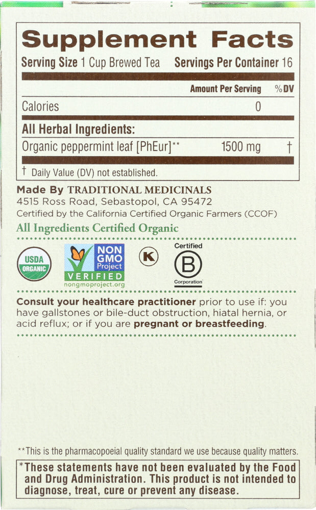 Traditional Medicinals: Organic Peppermint Herbal Tea 16 Tea Bags, 0.85 Oz