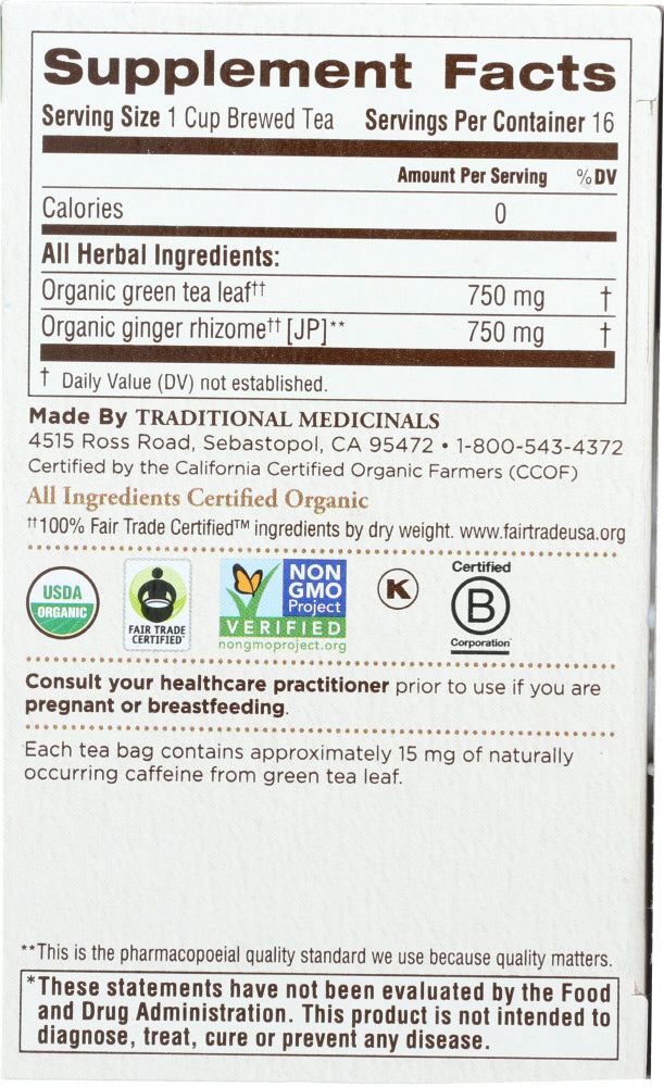 Traditional Medicinals: Organic Green Tea Ginger 16 Tea Bags, 0.85 Oz