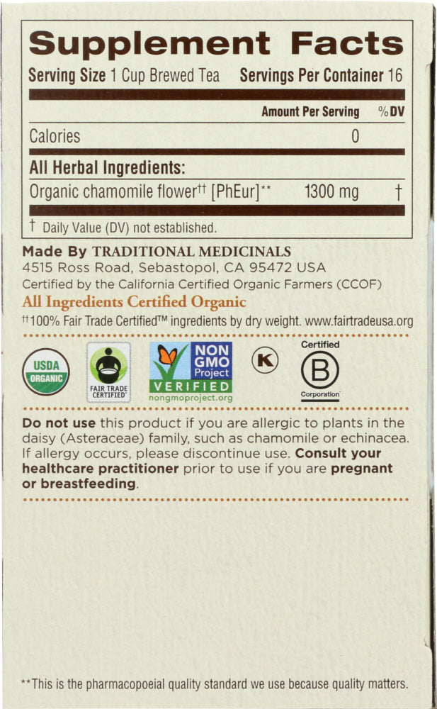 Traditional Medicinals: Organic Chamomile Calmative And Digestive Herbal Tea 16 Tea Bags, 0.74 Oz