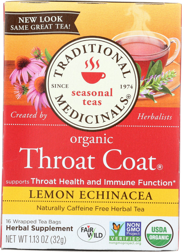 Traditional Medicinals: Organic Throat Coat Lemon Echinacea Herbal Tea 16 Tea Bags, 1.13 Oz