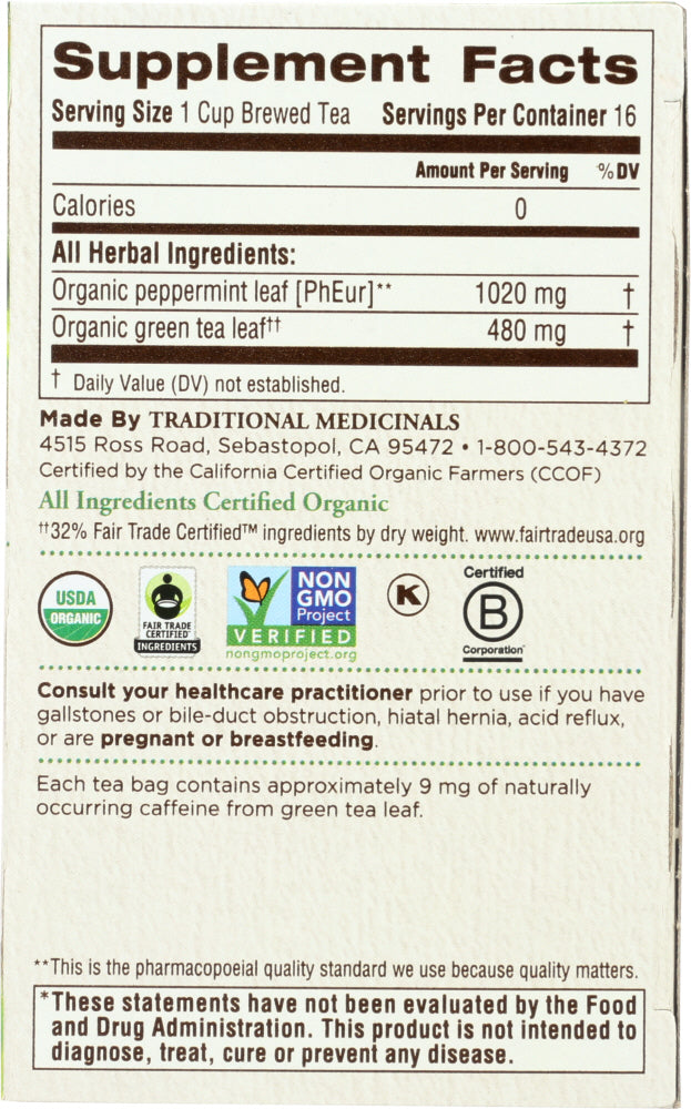 Traditional Medicinals: Organic Green Tea Peppermint 16 Tea Bags, 0.85 Oz