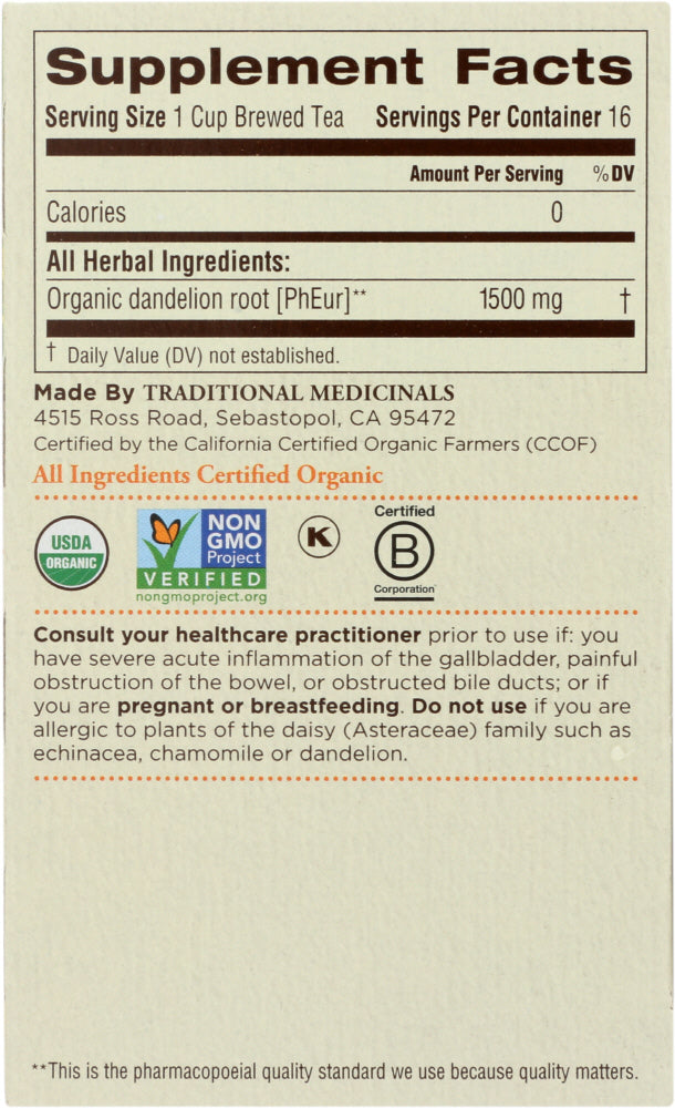 Traditional Medicinals: Organic Roasted Dandelion Root Herbal Tea 16 Tea Bags, 0.85 Oz