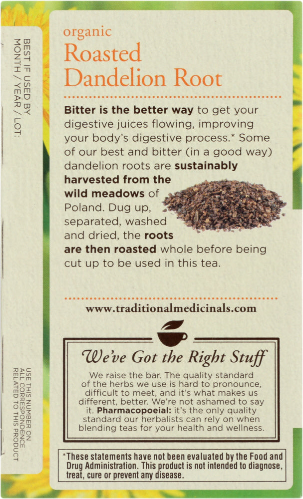 Traditional Medicinals: Organic Roasted Dandelion Root Herbal Tea 16 Tea Bags, 0.85 Oz