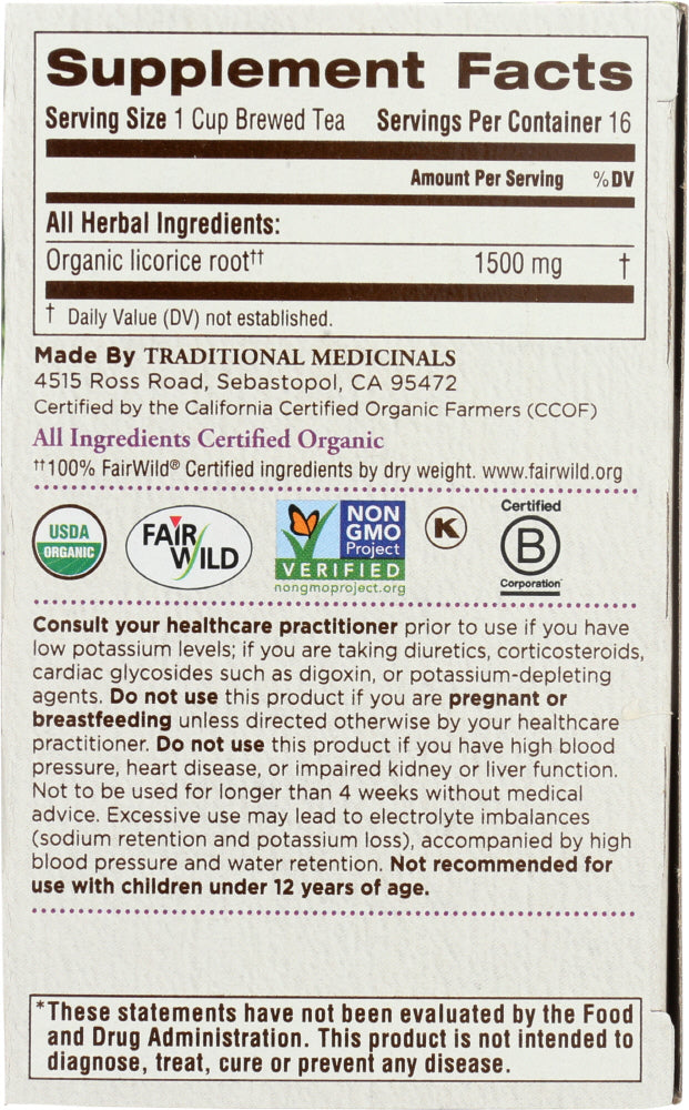 Traditional Medicinals: Organic Licorice Root Herbal Tea 16 Tea Bags, 0.85 Oz