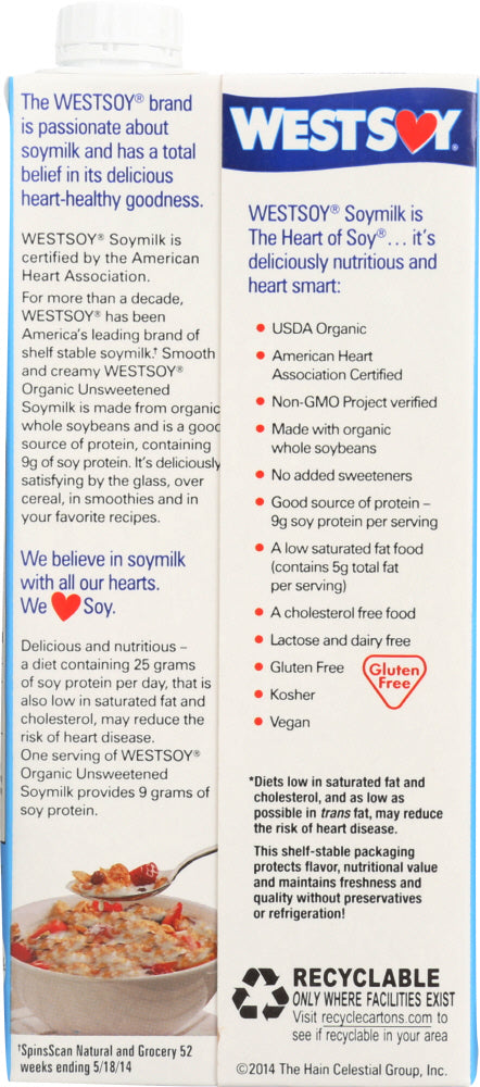 Westsoy: Organic Unsweetened Soymilk, 32 Oz