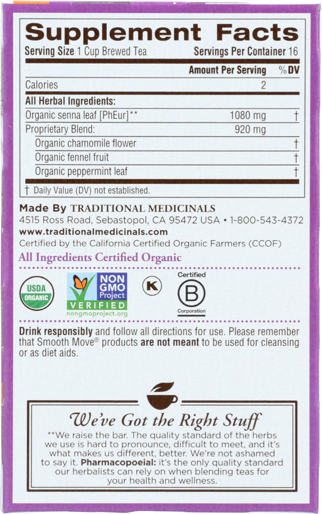 Traditional Medicinals: Organic Smooth Move Chamomile Herbal Tea 16 Tea Bags, 1.13 Oz