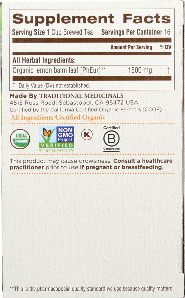 Traditional Medicinals: Organic Lemon Balm Caffeine Free Herbal Tea 16 Tea Bags, 0.85 Oz