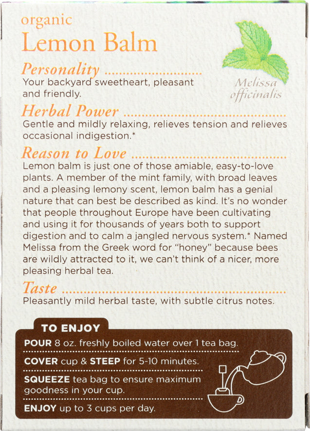 Traditional Medicinals: Organic Lemon Balm Caffeine Free Herbal Tea 16 Tea Bags, 0.85 Oz