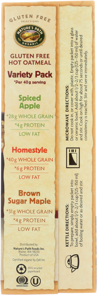 Nature's Path: Organic Gluten Free Variety Pack Hot Oatmeal 8 Packets, 11.3 Oz