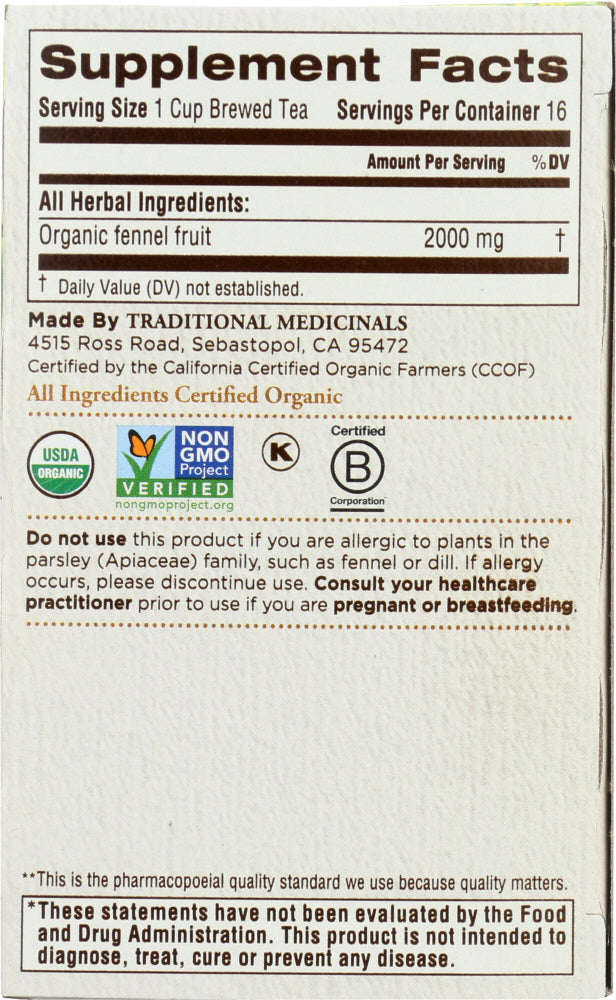 Traditional Medicinals: Tea Fennel Organic, 1.13 Oz