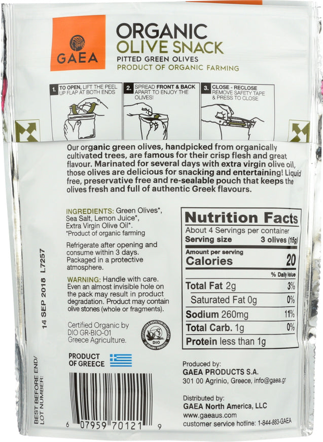 Gaea North America: Olives Green Snack Pack Organic, 2.3 Oz