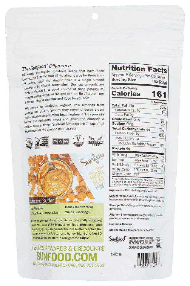 Sunfood Superfoods: Almonds Shelled Organic, 8 Oz