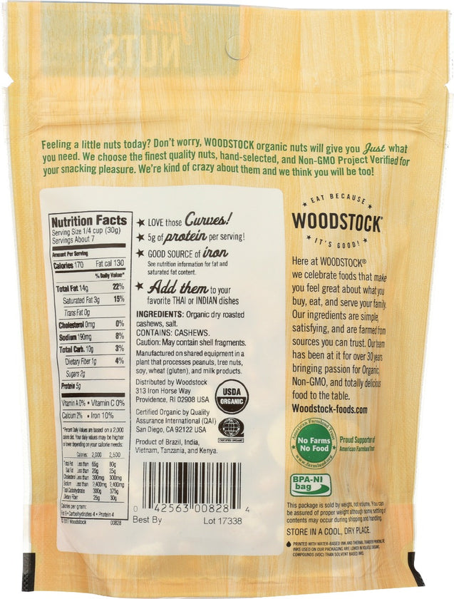 Woodstock: Organic Whole Cashews Dry Roasted And Salted, 7 Oz