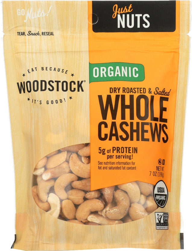 Woodstock: Organic Whole Cashews Dry Roasted And Salted, 7 Oz