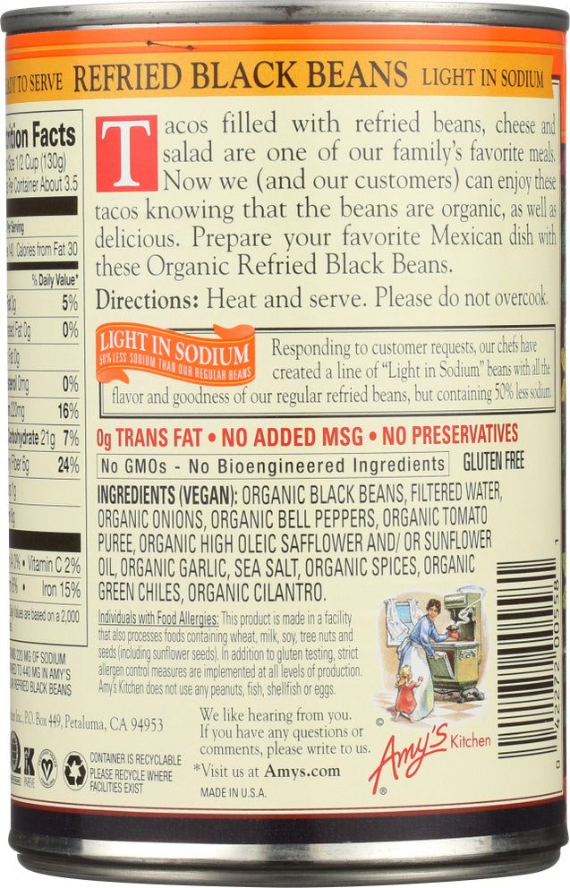 Amy's: Organic Vegetarian Light In Sodium Refried Black Beans, 15.4 Oz