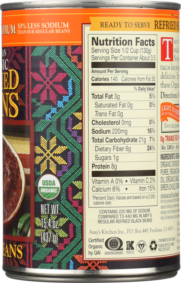 Amy's: Organic Vegetarian Light In Sodium Refried Black Beans, 15.4 Oz