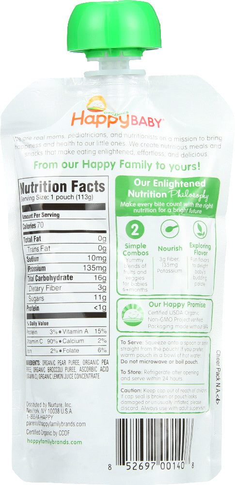 Happy Baby: Stage 2 Broccoli Peas & Pear Organic, 3.5 Oz