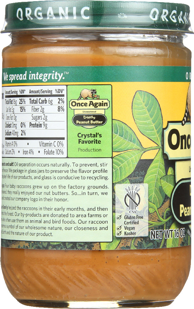 Once Again: Peanut Butter Crunchy Organic, 16 Oz