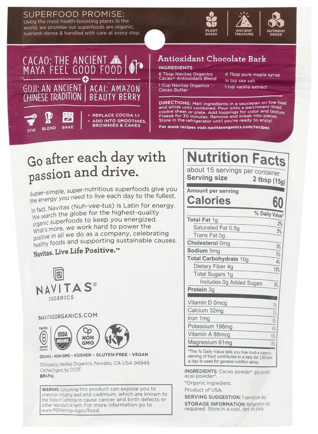 Navitas: Organic Cacao + Goji + Acai Antioxidant Blend Powder, 8 Oz