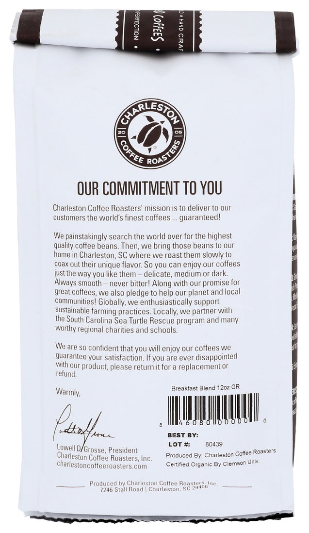 Charleston Coffee Roasters: Organic Breakfast Blend Medium Roast Ground Coffee, 12 Oz