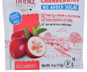 Patience Fruit & Co: No Added Sugar Organic Dried Cranberries, 4 Oz