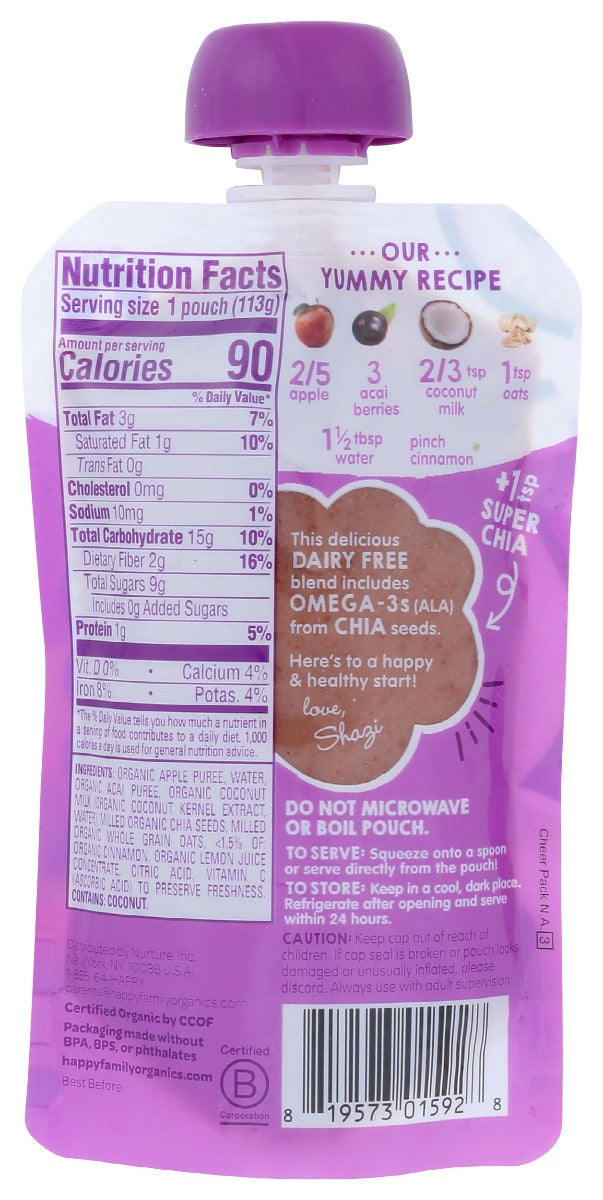 Happy Tot: Organic Apple Acai Coconut Milk & Oats Flavor Pouch, 4 Oz