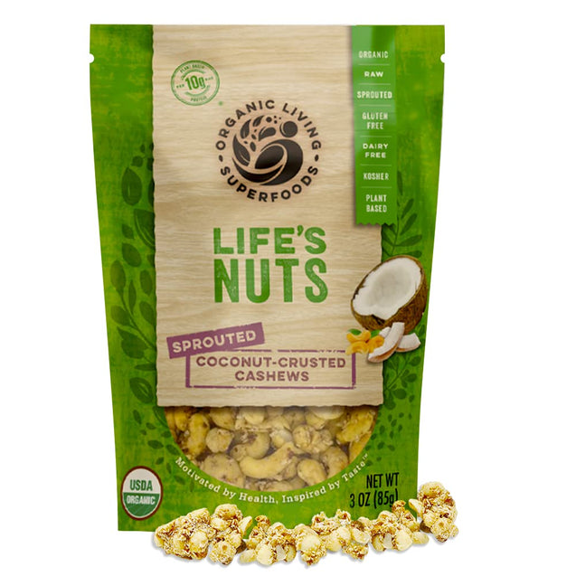 Organic Living Superfoods: Cashews Coconut Crusted Sprouted, 3 Oz