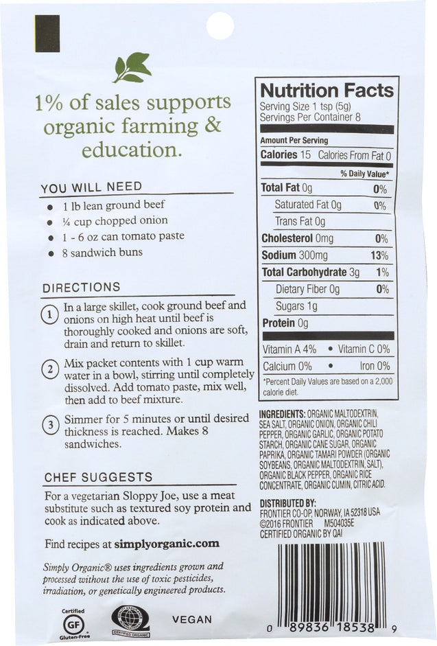 Simply Organic: Sloppy Joe Seasoning Mix, 1.41 Oz