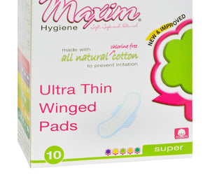 Maxim Hygiene Natural Cotton Ultra Thin Winged Pads Overnight - 10 Pads - RubertOrganics