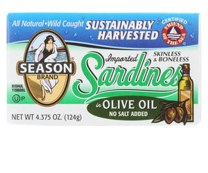 Season Brand Sardines - Skinless And Boneless - In Olive Oil - No Salt Added - 4.375 Oz - Case Of 12